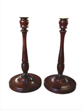 Vintage Mahogany Candlesticks Pair 11" Turned Wood Brass Inserts USA